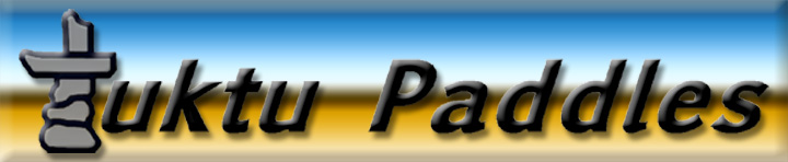 Tuktu Paddles logo with a stylized stone figure against a blue, white, and gold background