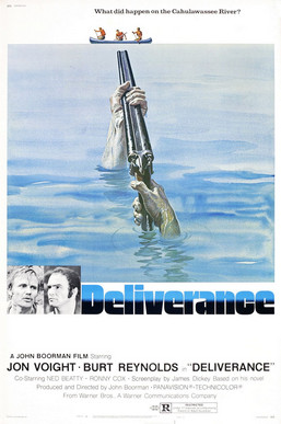 Deliverance (1972) movie poster showing a hand emerging from river water while gripping a rifle, with a canoe in the distance.