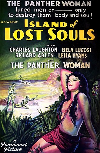 Island of Lost Souls (1932) vintage movie poster featuring the Panther Woman on a tropical island, with a small boat offshore.