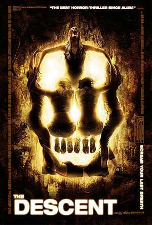 The Descent (2005) movie poster showing six women arranged in the shape of a skull against a glowing cave entrance.