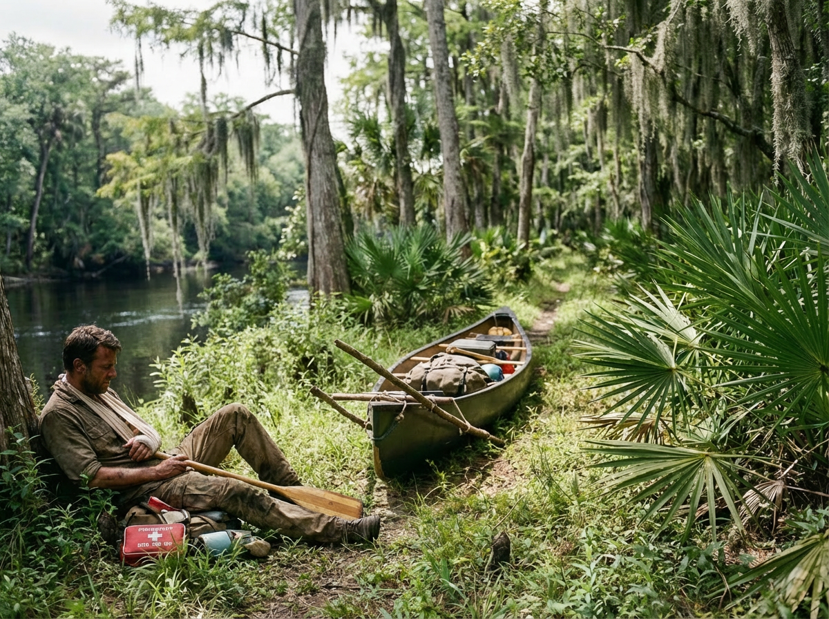 An injured man with an arm sling pulls a canoe through a lush, swampy forest.