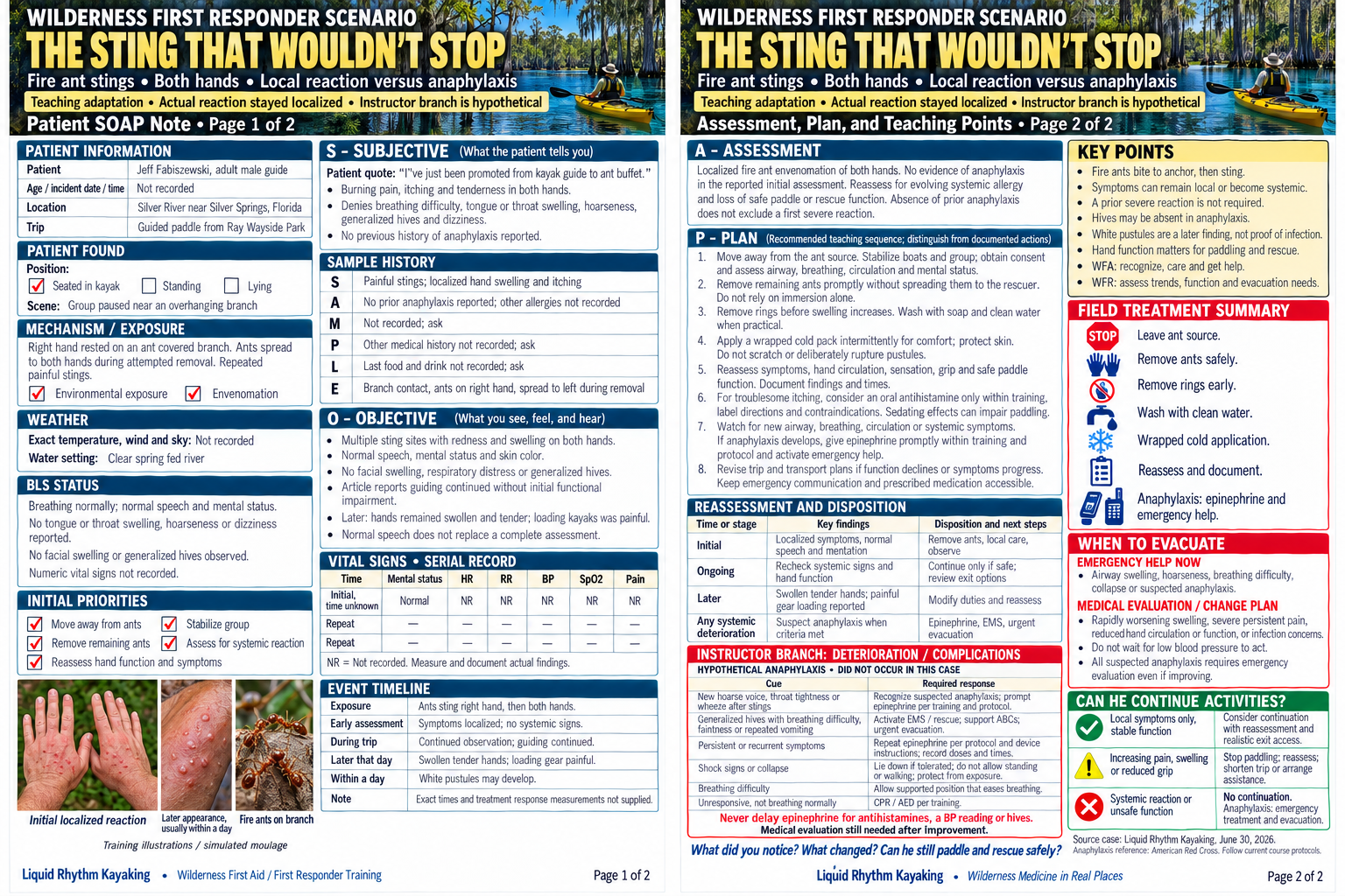 Two page WFR worksheet covering fire ant stings to both hands, SOAP assessment, field care, reassessment and a hypothetical anaphylaxis branch.