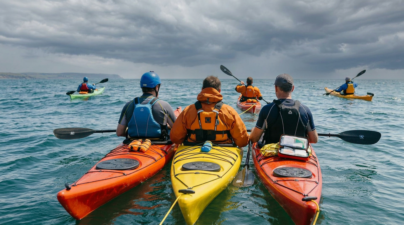 Three kayakers on the water performing a rescue or assistance maneuver