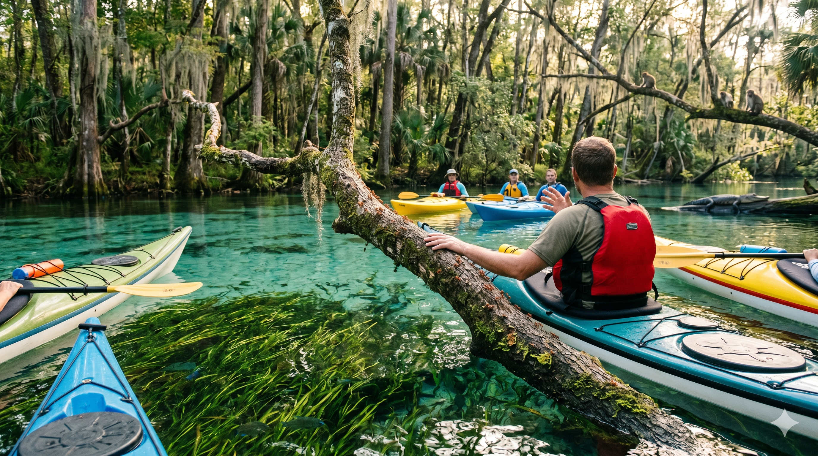 Kayak guide leading a group through the crystal clear waters of Florida's Silver River while resting a hand on a tree branch covered with fire ants, with rhesus macaques and an alligator in the background during a kayak trip. This ai image is to setup discussion for a Wilderness First Aid case study.