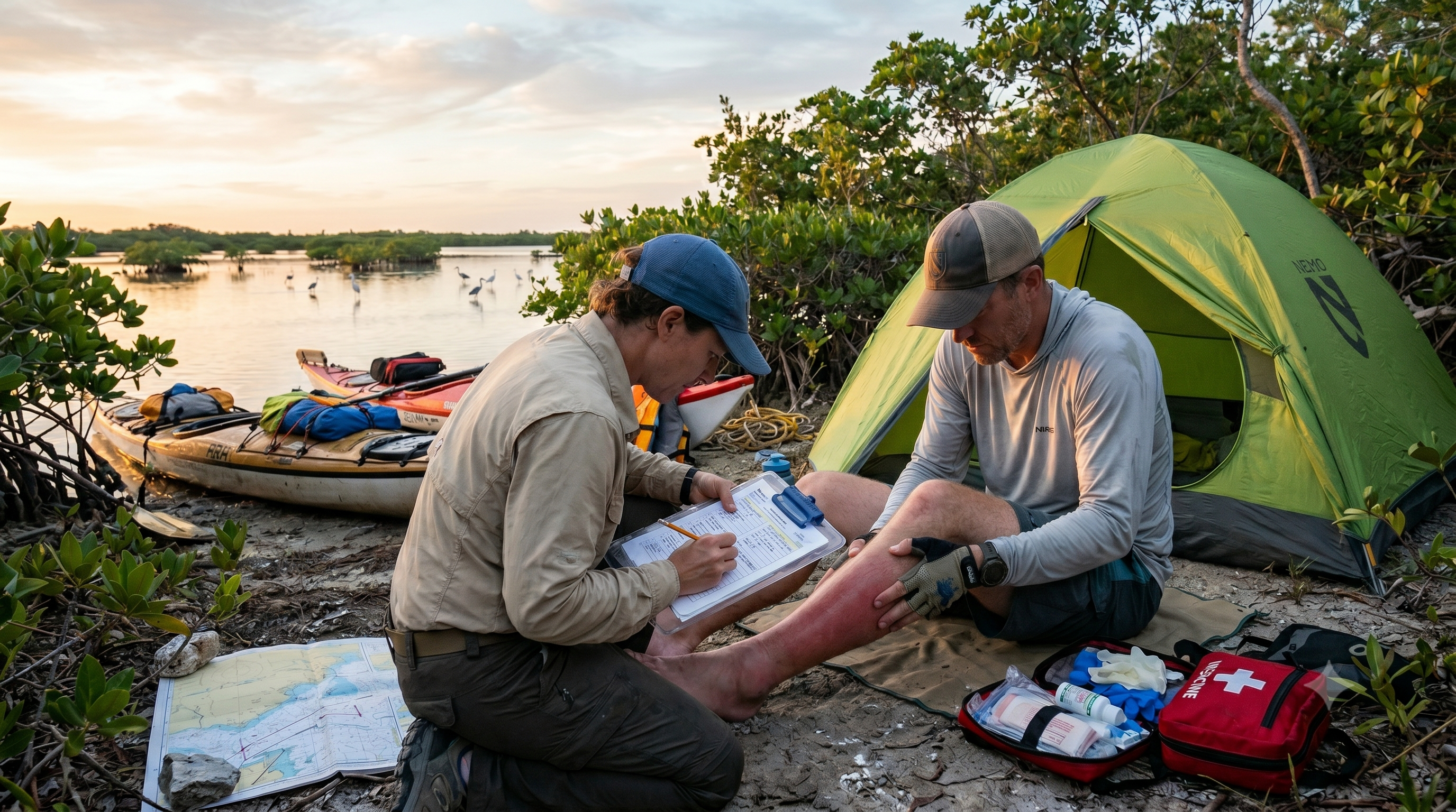 Wilderness First Responder assesses a kayaker with a swollen and reddened lower leg at a remote Everglades campsite. Expedition kayaks, navigation charts, and a first aid kit are visible beside a tent along a mangrove shoreline at sunrise, illustrating patient assessment and wilderness medicine during a multi day sea kayaking expedition.