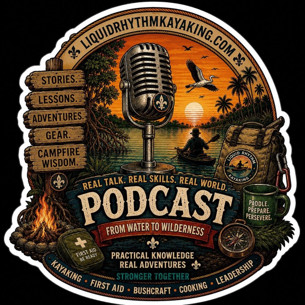 Liquid Rhythm Kayaking Podcast logo sticker featuring a vintage microphone, kayaker at sunset, campfire, first aid kit, backpack, compass, and outdoor adventure themes including kayaking, bushcraft, wilderness cooking, leadership, and practical outdoor skills.