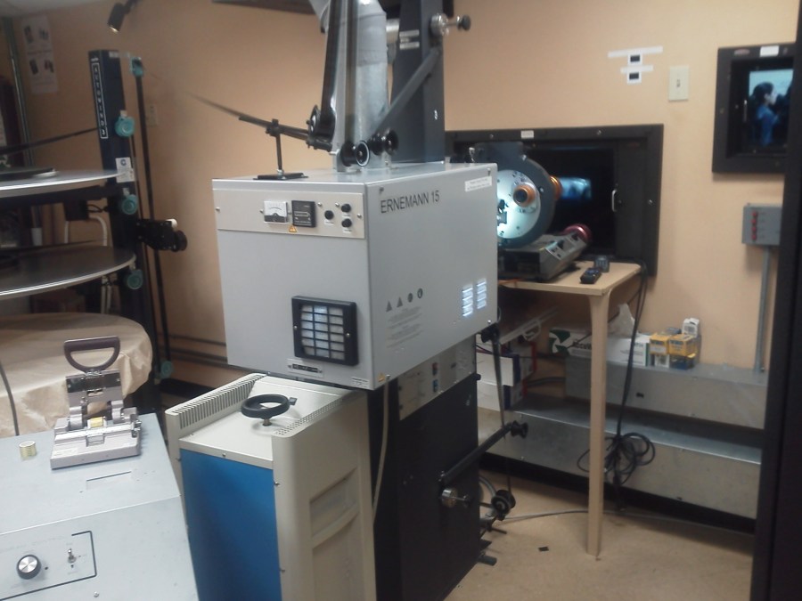 Ernemann 15 film projector and film platter system inside the projection booth at Eckerd College's Dan and Mary Miller Auditorium.