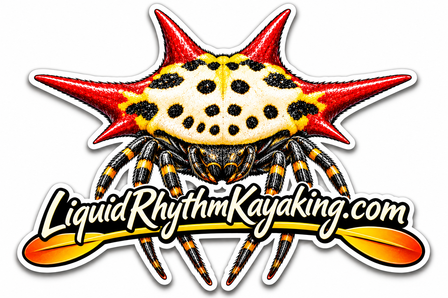 Illustrated Christmas spider sticker with a pale spotted abdomen, red spines, black and gold legs, an orange paddle, and LiquidRhythmKayaking.com lettering.