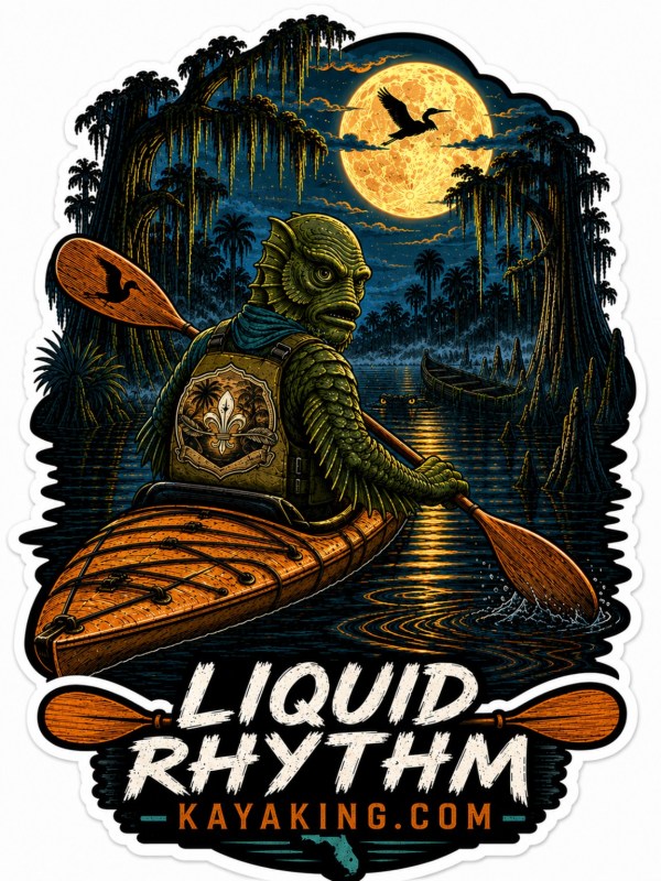 Liquid Rhythm Kayaking sticker showing a green swamp creature paddling an orange kayak beneath a full moon and moss draped cypress trees.